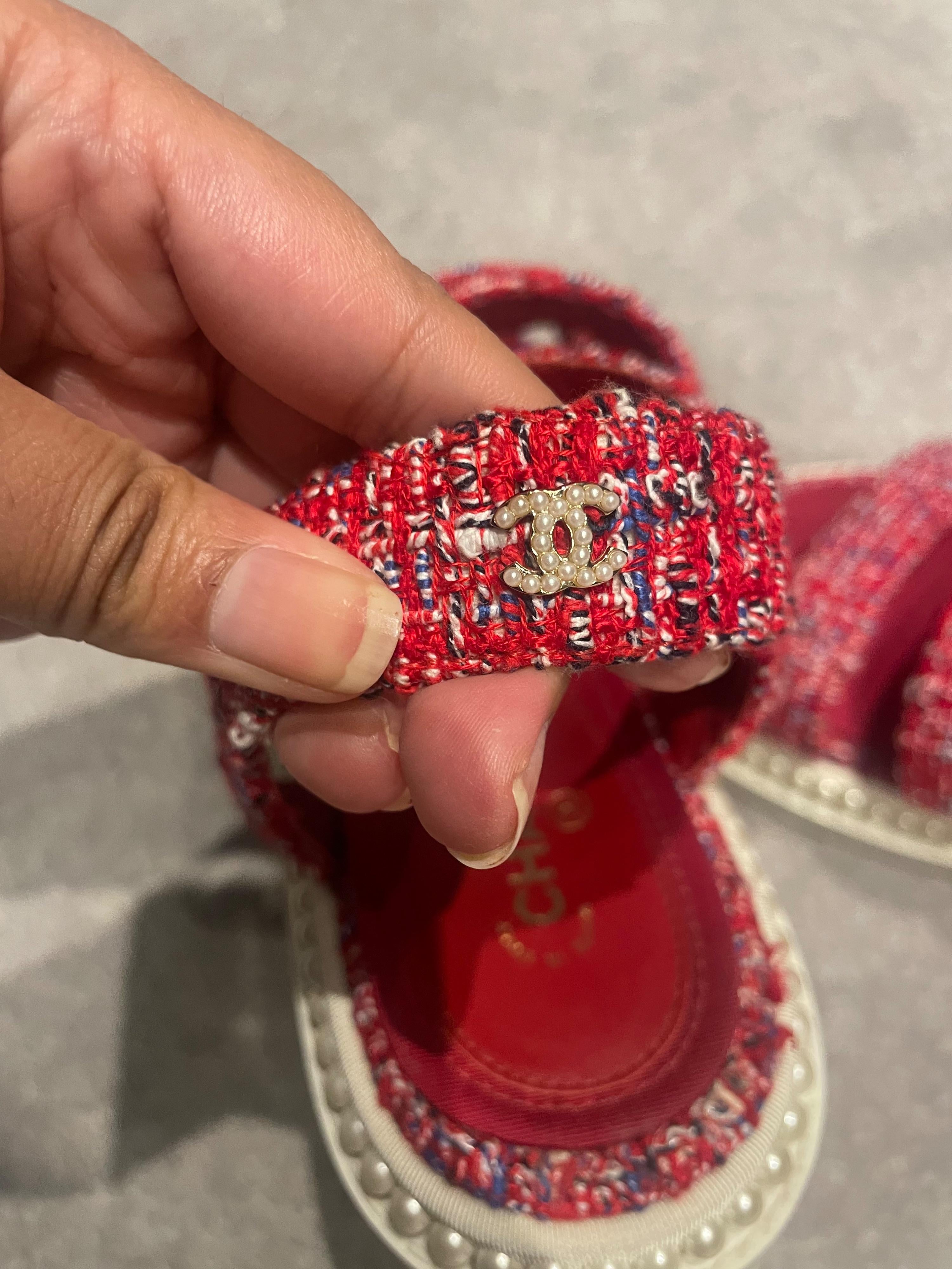 Chanel Red Tweed and Pearl Dad Sandals