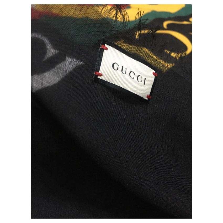 Gucci Black Logo Print Wool & Silk Scarf