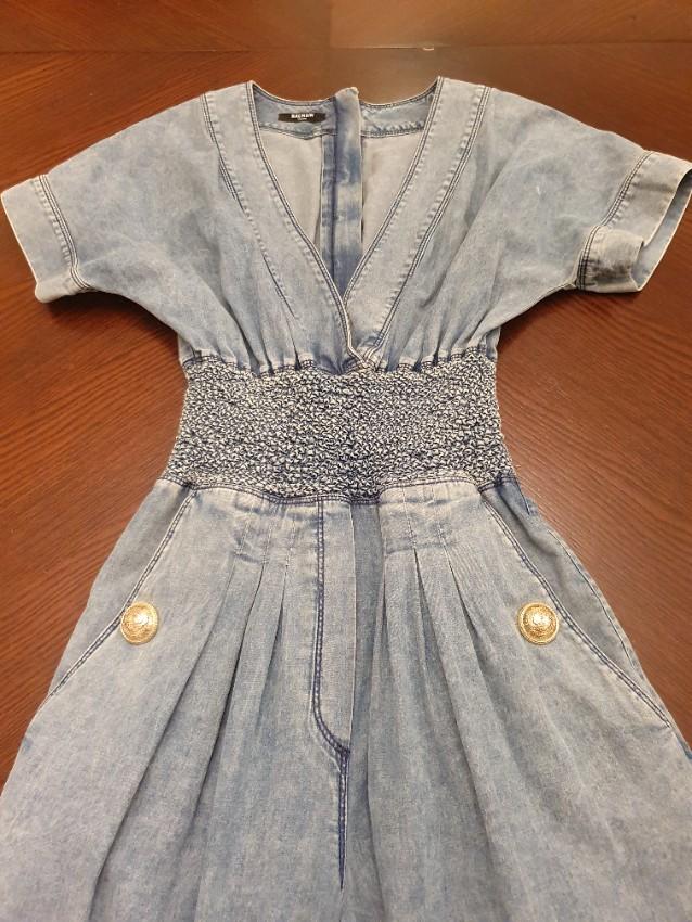 Balmain Blue V-Neck Denim Jumpsuit