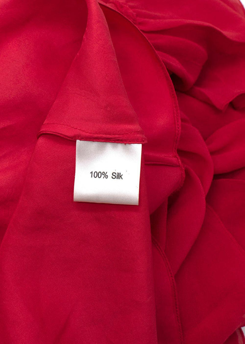 Red Silk Ruffled Long Sleeved Dress
