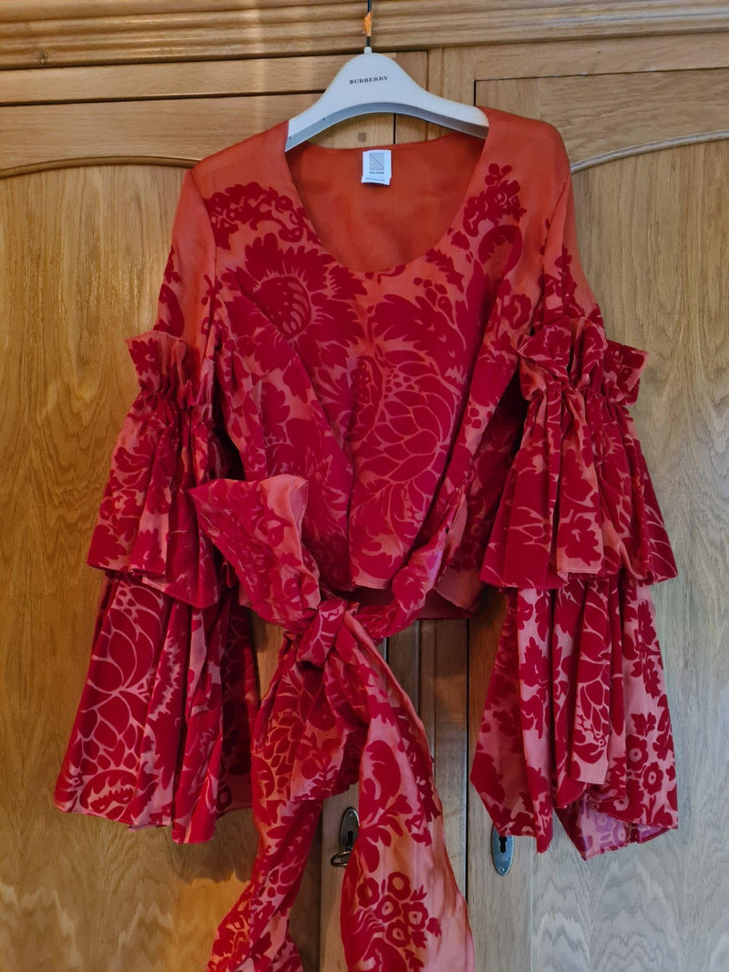 Red Flocked Silk Organza Top