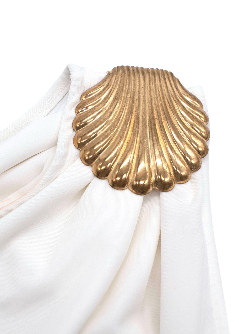 Elena Makri White One Shoulder Maxi Dress with Gold Shell Detail