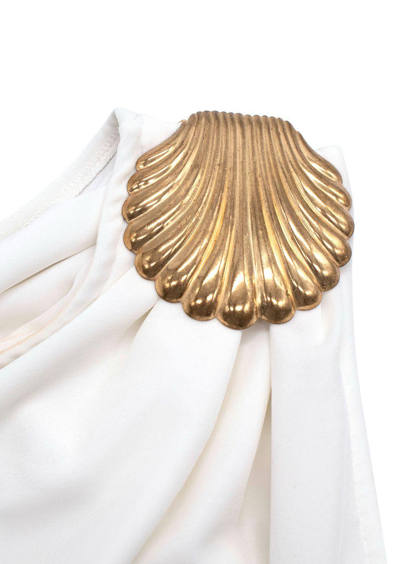 Elena Makri White One Shoulder Maxi Dress with Gold Shell Detail