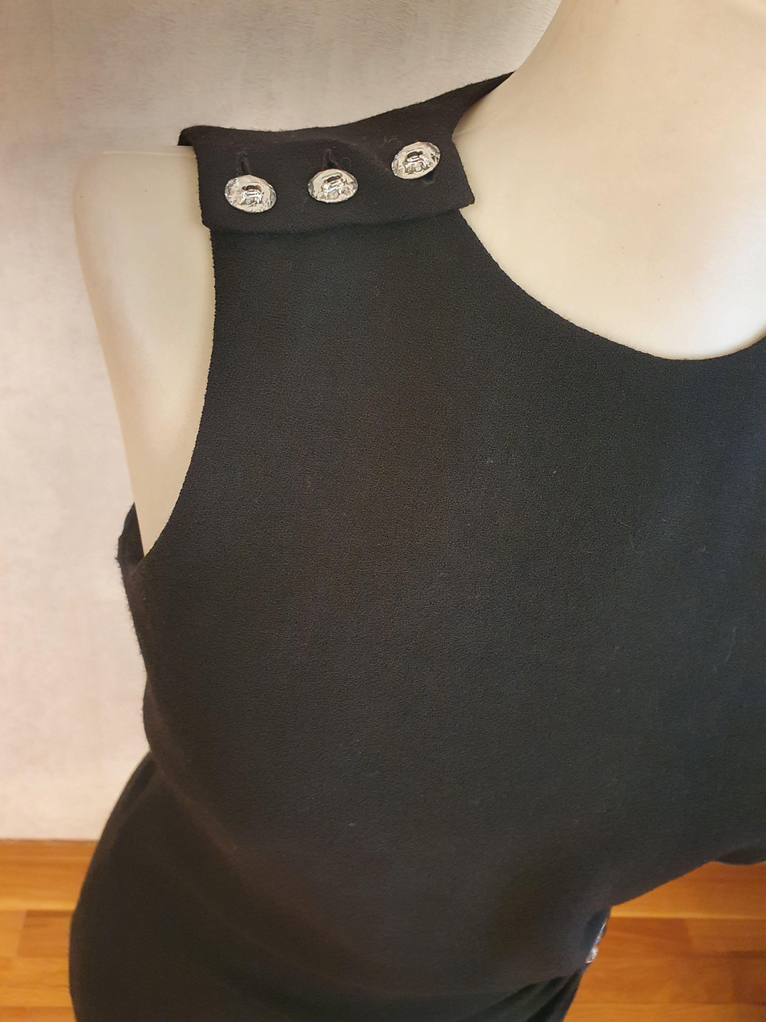 Black wool crepe crystal embellished ruched mini dress