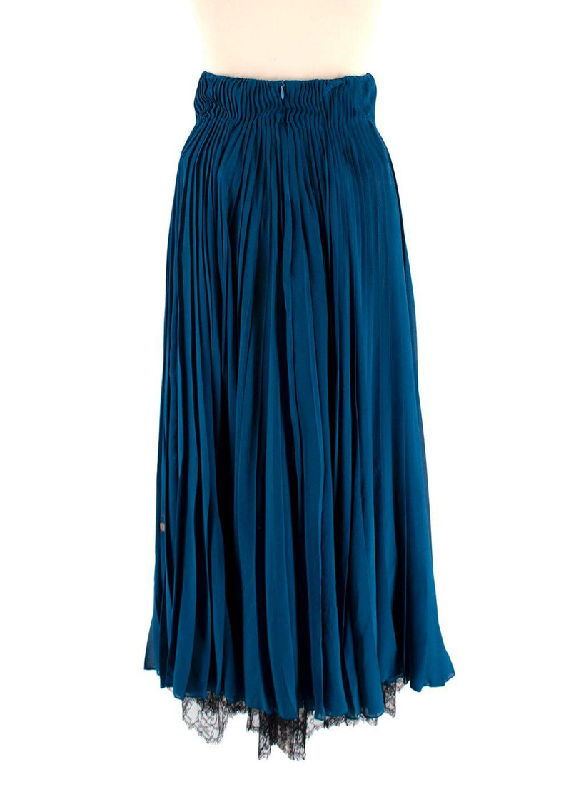 Christian Dior Teal Silk  And Black Lace Pleated Midi Skirt