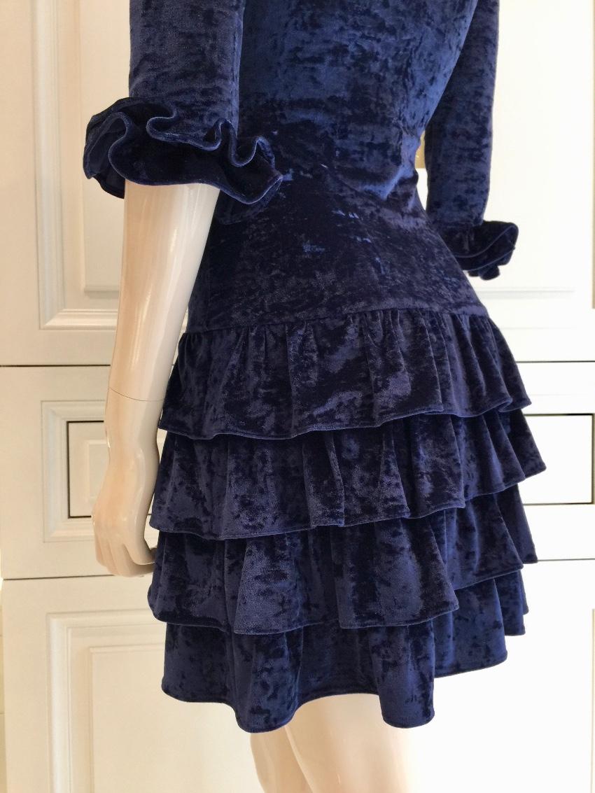 French Couture Navy Blue Panne Velvet Dress