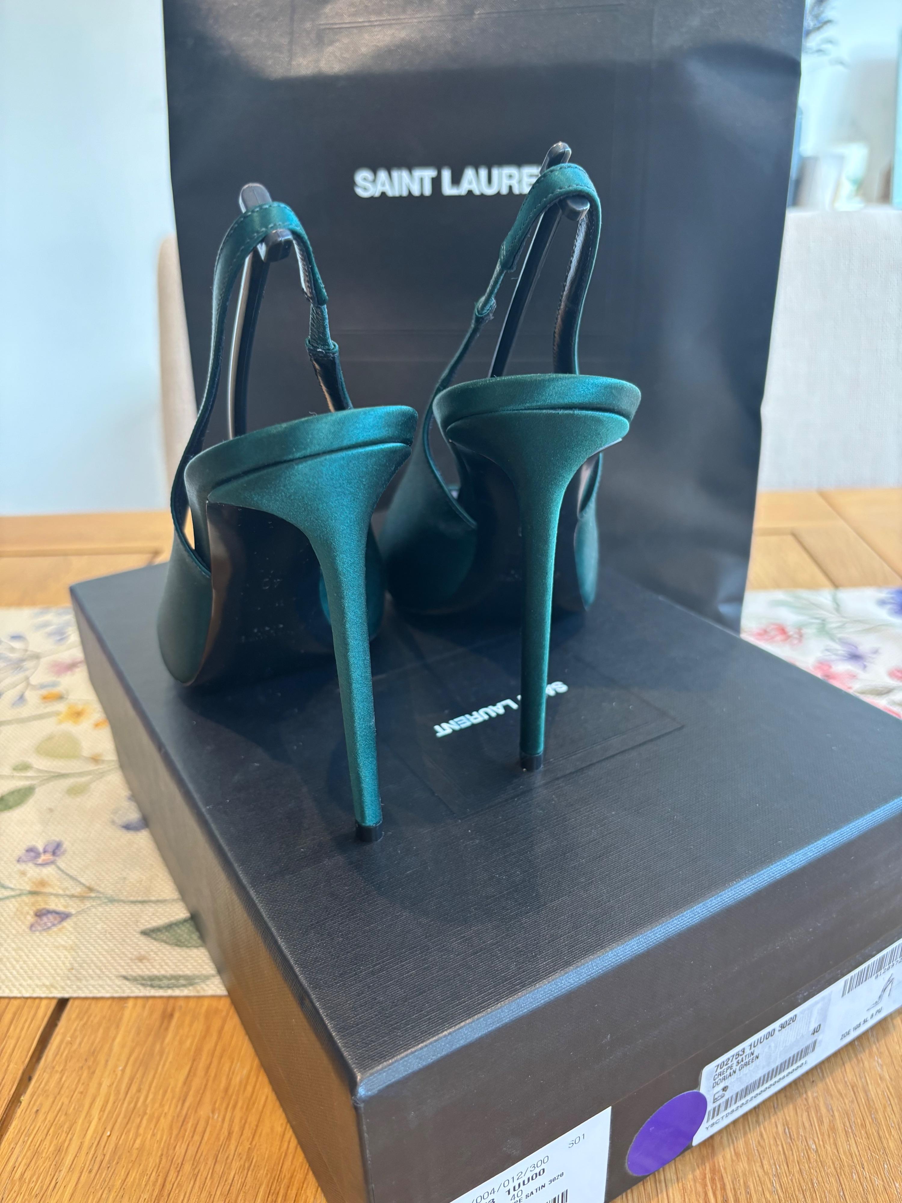 Saint Laurent Dorian Green Satin Heeled Slingback Shoes