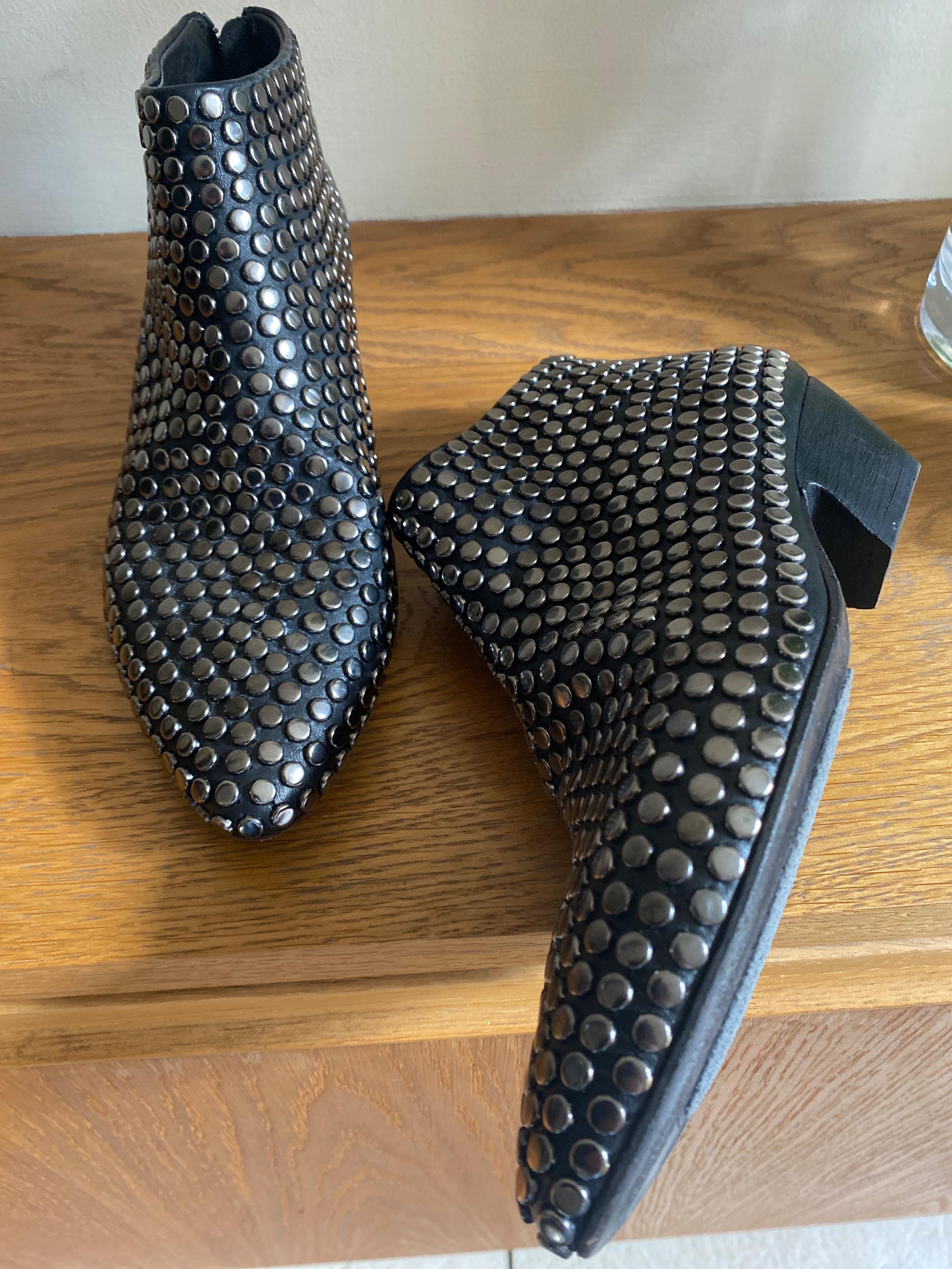 Black Leather Studded Pointed Toe Boots