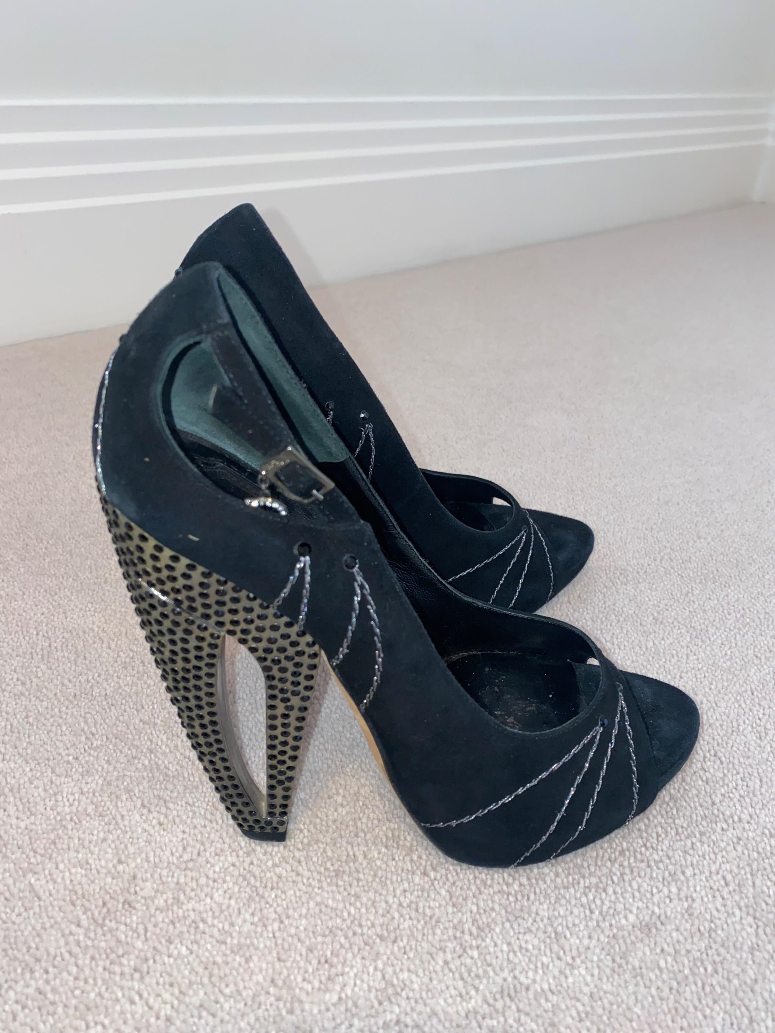 Vintage black suede & crystal cut-out heeled pumps