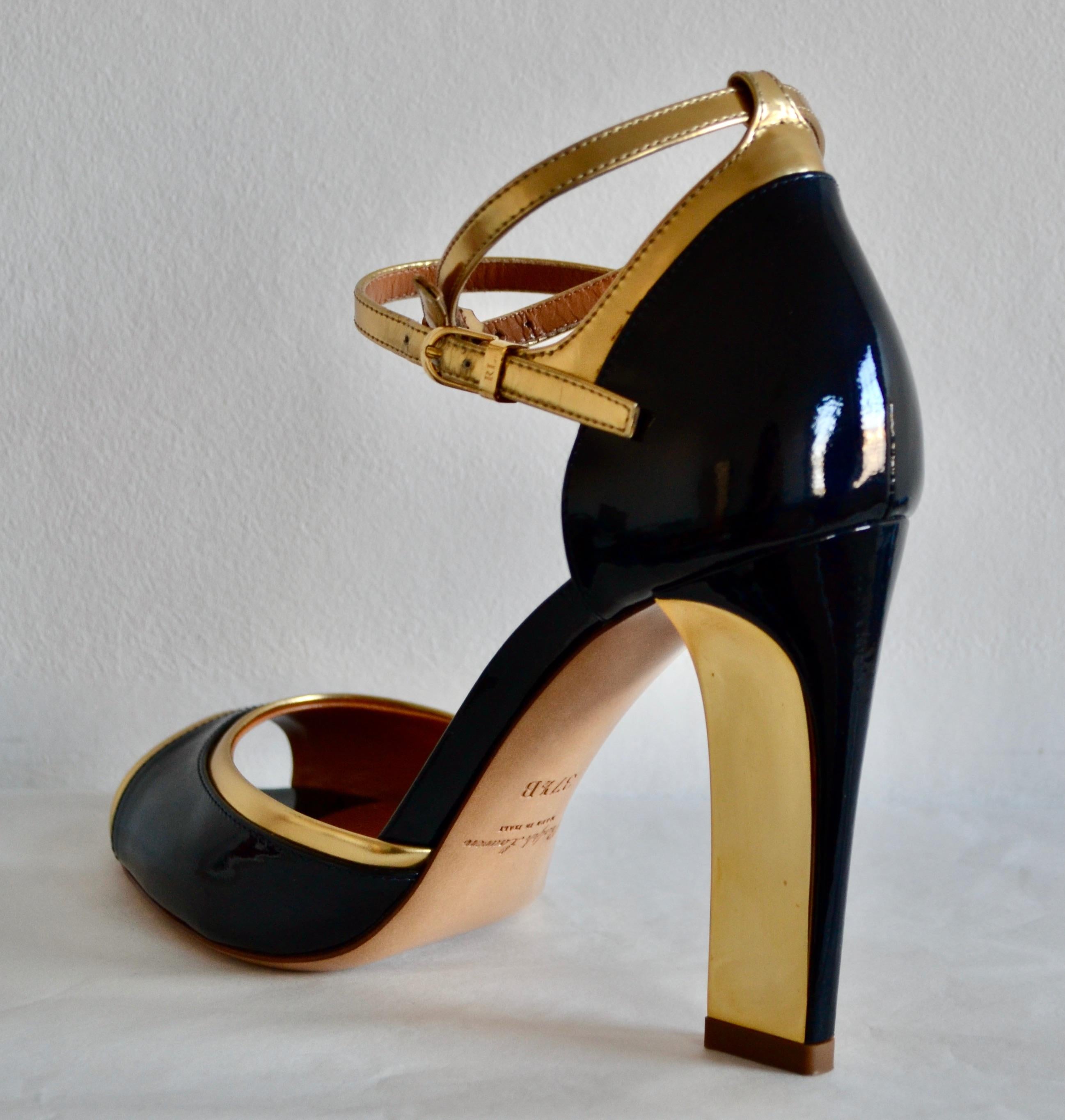 Ralph Lauren Collection  Navy Patent Heeled Ankle Strap Shoes