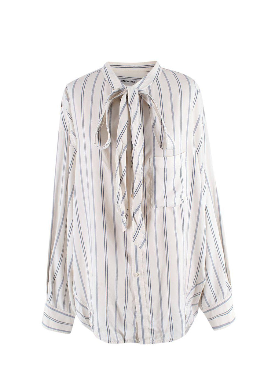 Balenciaga White and Blue Striped Silk Logo Shirt