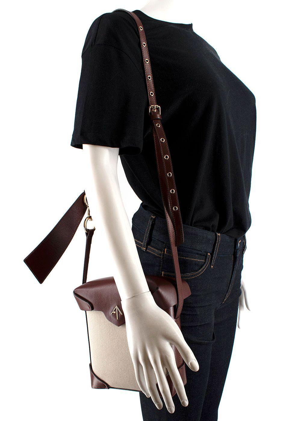 Manu Atelier Chocolate Brown Leather and Canvas Mini Pristine Crossbody Bag