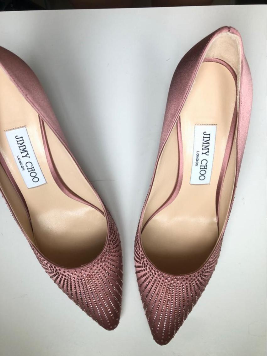 Jimmy Choo Satin Shooting Crystals Guava Romy 85 Pumps
