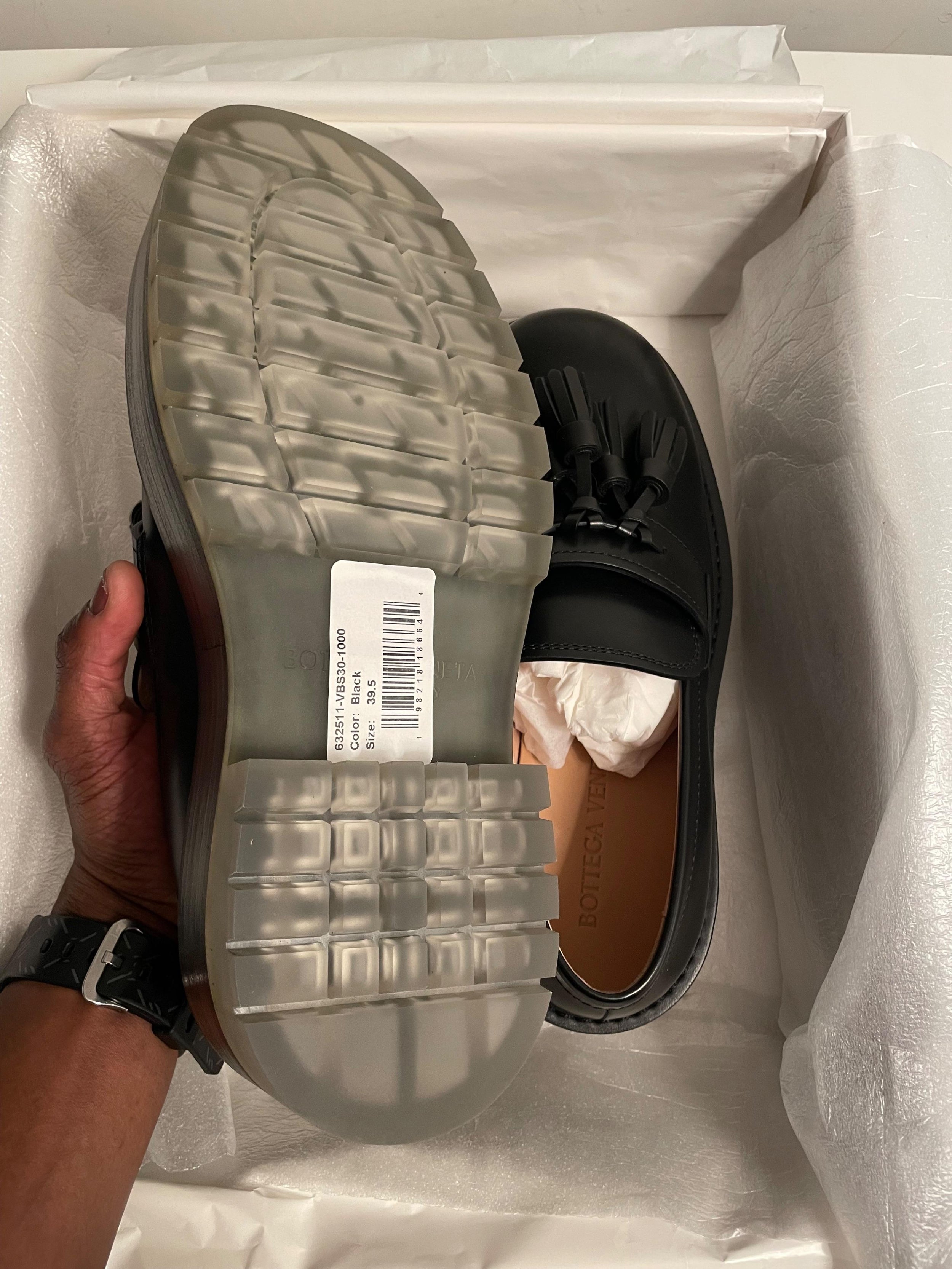 Bottega Veneta Black Tassel Loafers with Clear Sole Detail