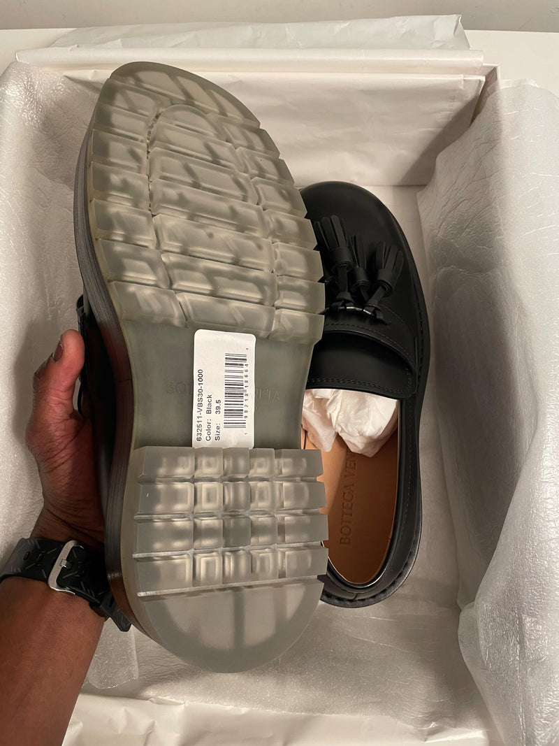 Bottega Veneta Black Tassel Loafers with Clear Sole Detail