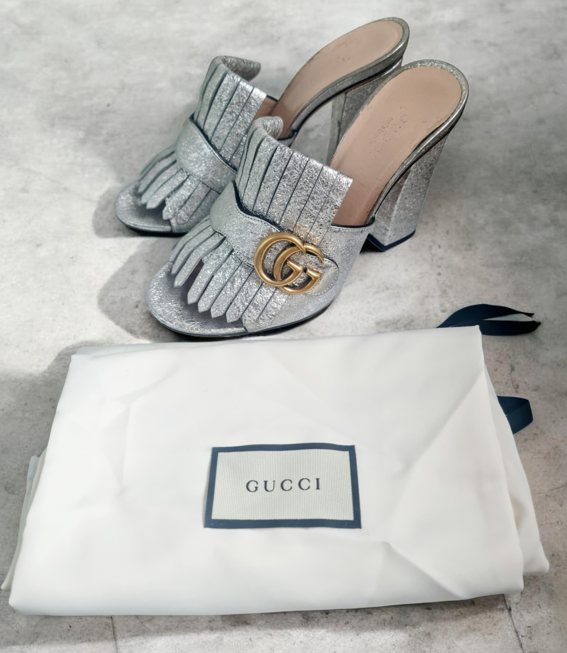 Gucci Silver Heeled Mules