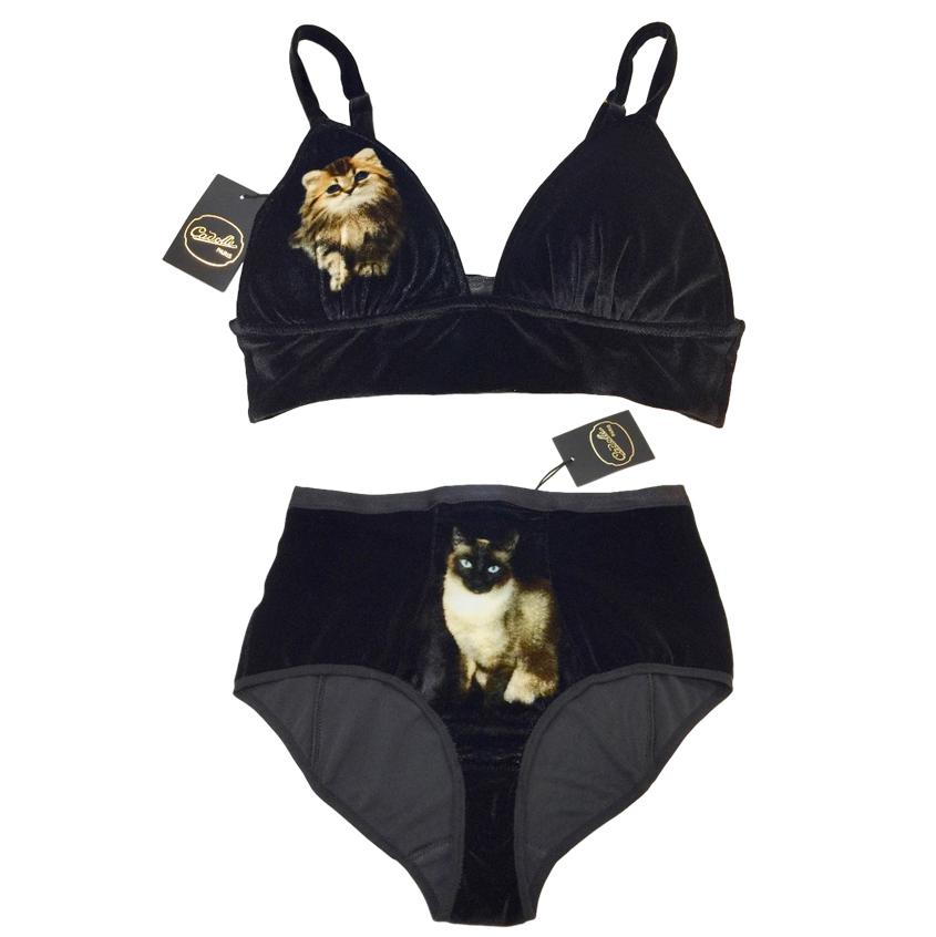 Cadolle Paris Couture Silk Velvet Divine Cats Set