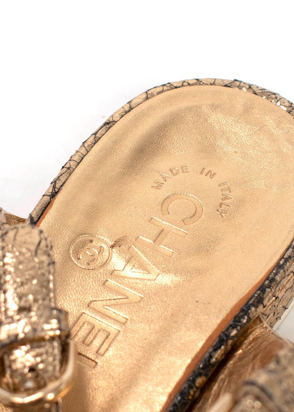 Chanel Metallic Gold Leather Chain Detail Sandals