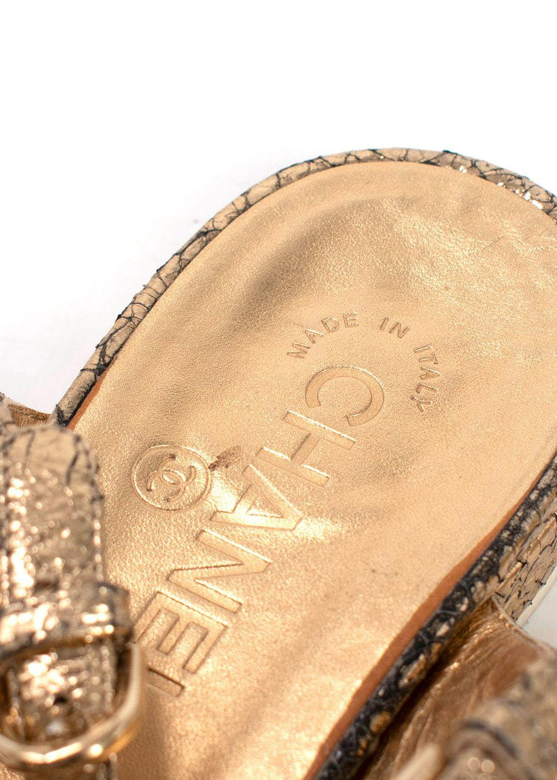 Chanel Metallic Gold Leather Chain Detail Sandals