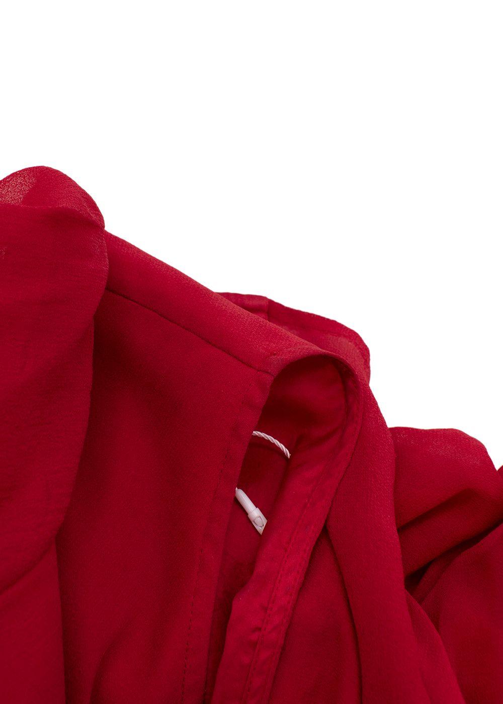 Red Silk Ruffled Long Sleeved Dress