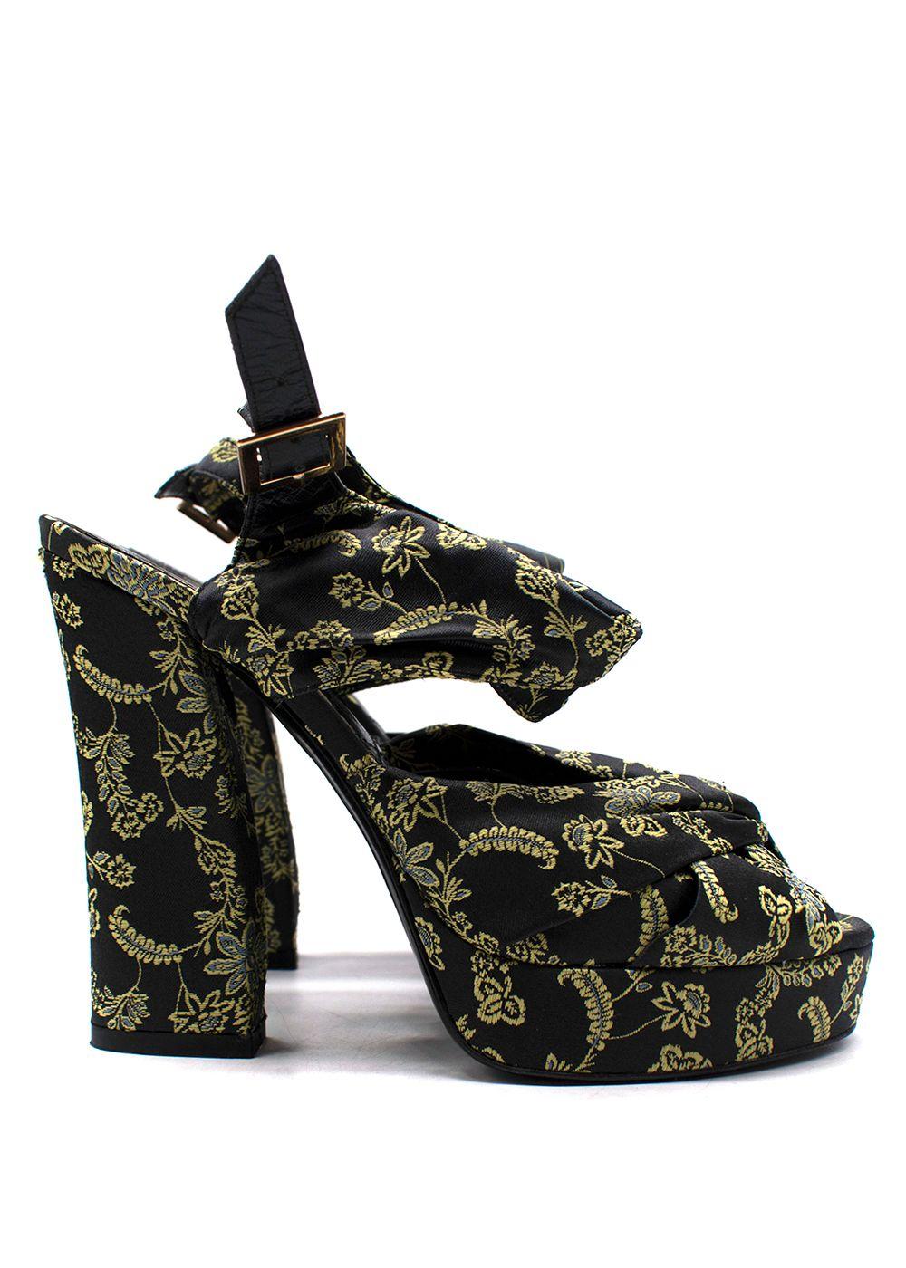Erdem Black and Green Brocade Platform Sandals