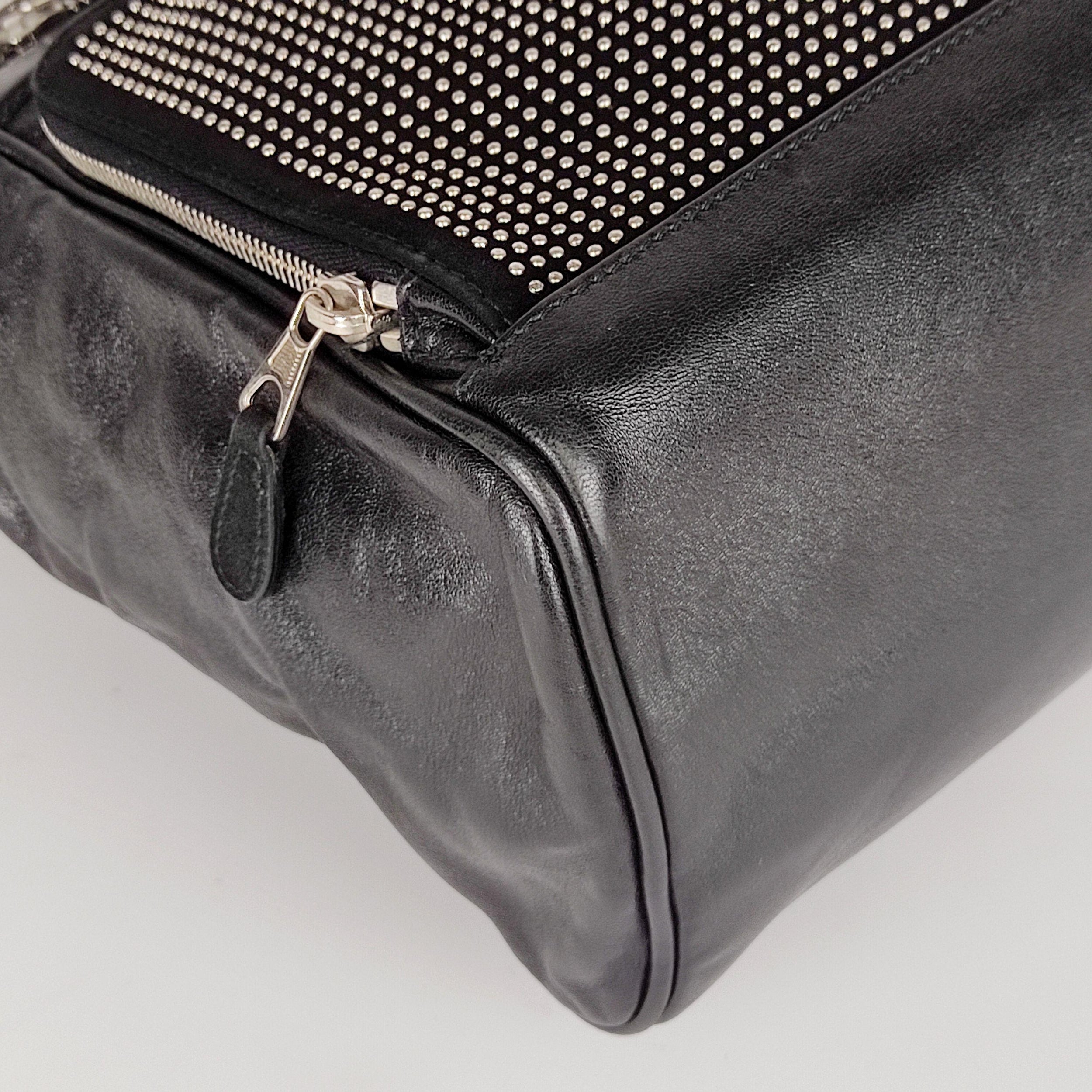 Black leather silver-tone studded tote bag