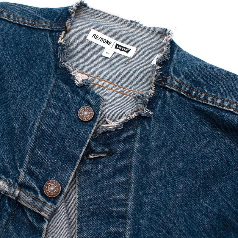 RE/DONE Levis Mid-Wash Distressed Collarless Denim Jacket