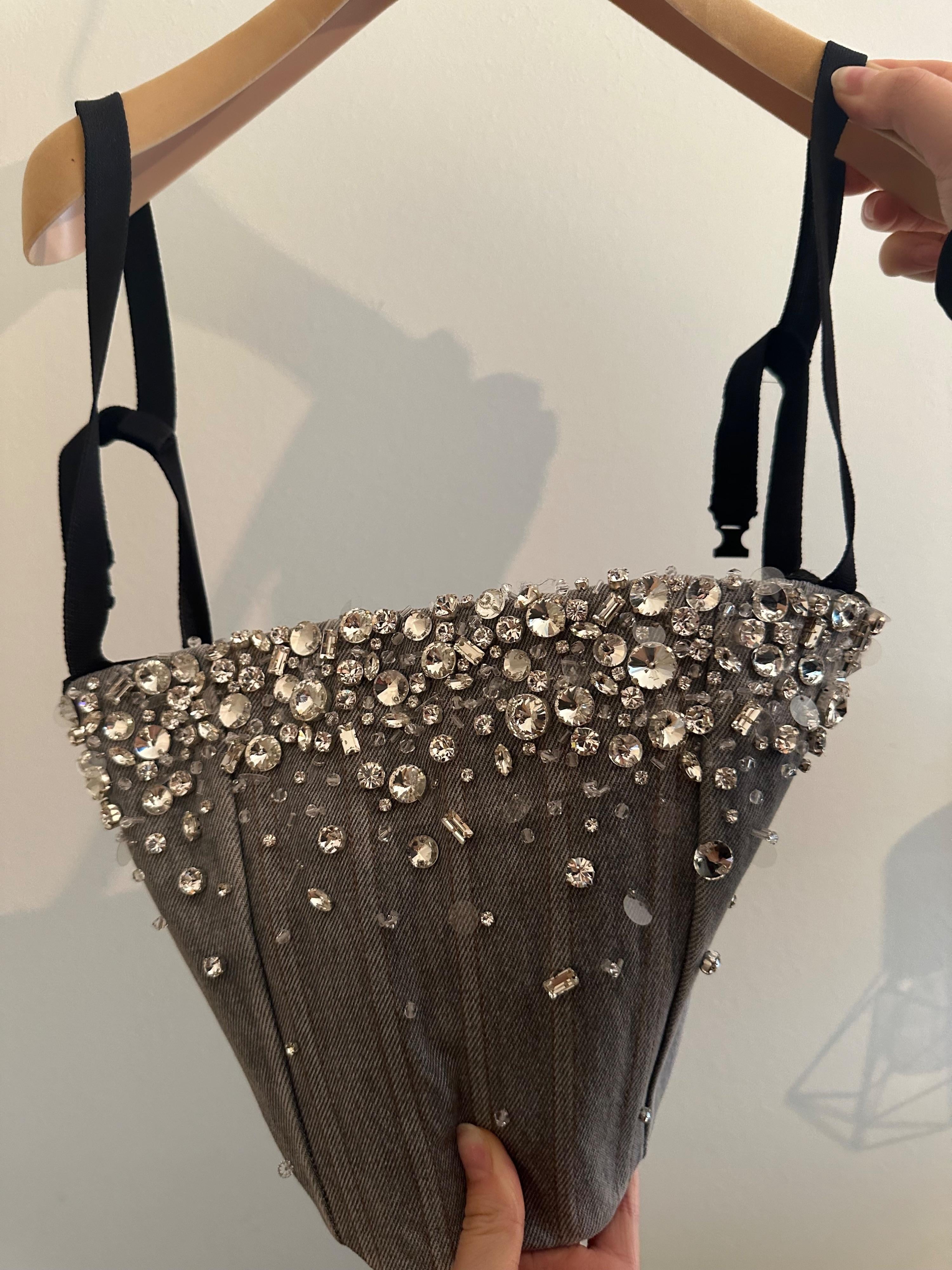 Miu Miu Grey Embellished Denim Cropped Top