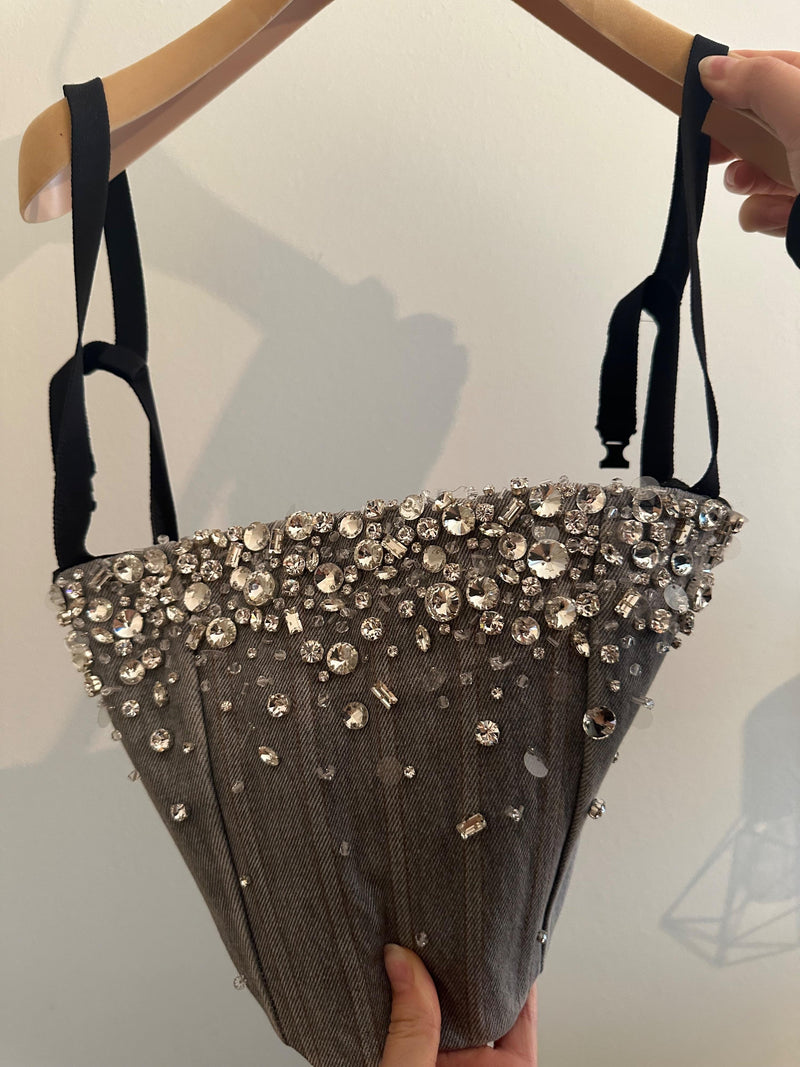 Miu Miu Grey Embellished Denim Cropped Top