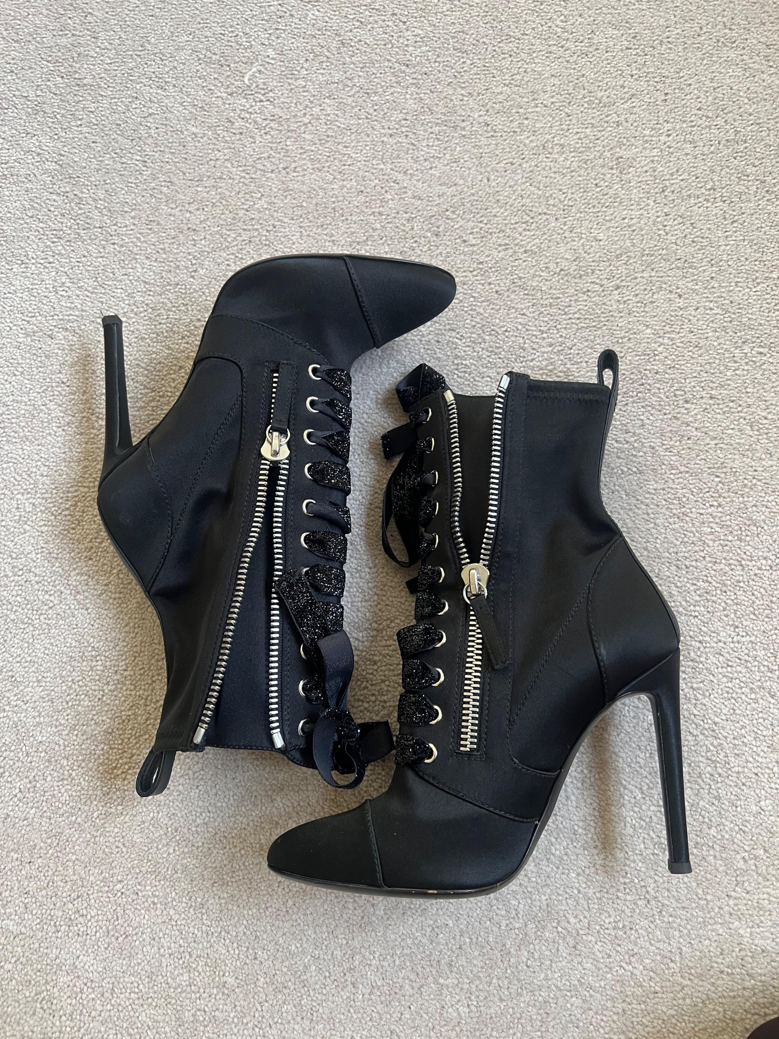 Black Twill Lace Up Heeled Booties