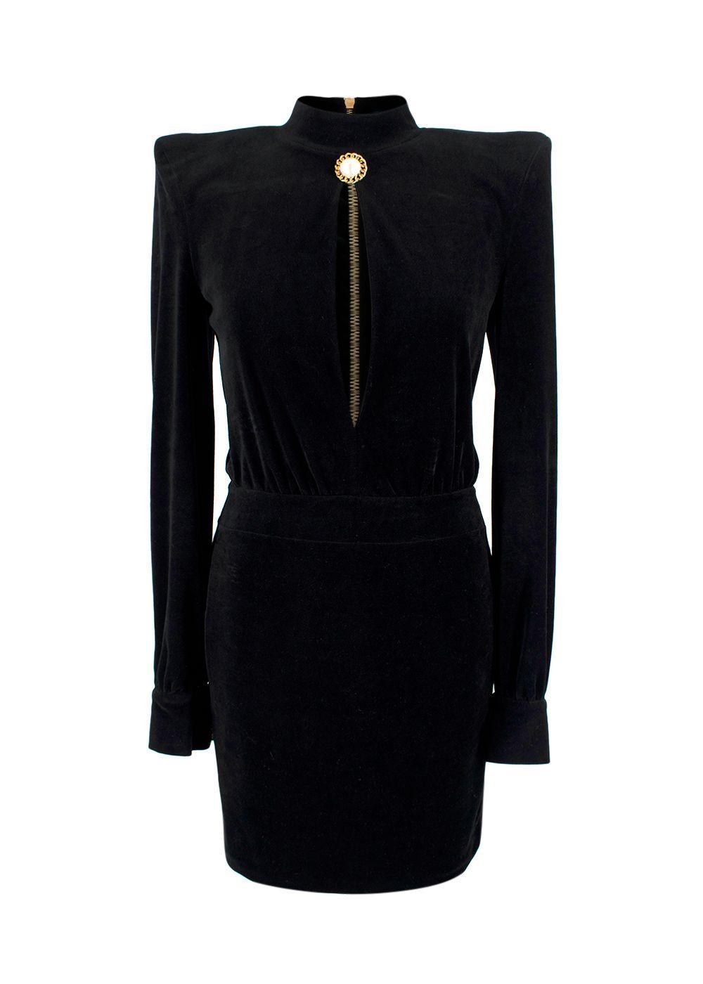 Balmain Black Velvet Cut-Out Structured Mini Dress with Pearl Embellishment