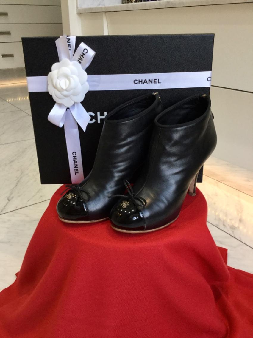Chanel Black Patent Cap Toe Leather Ankle Boots