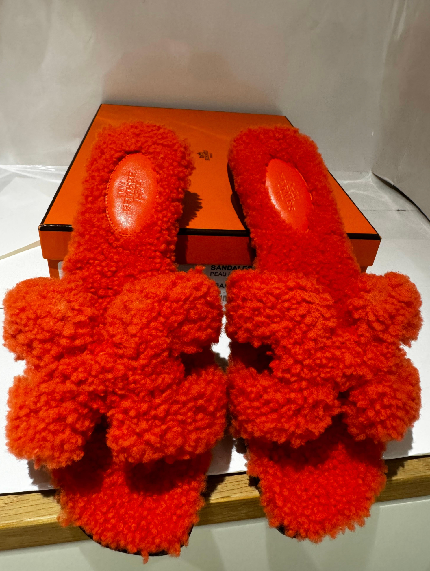 Hermes Orange Shearling Oran Sandals