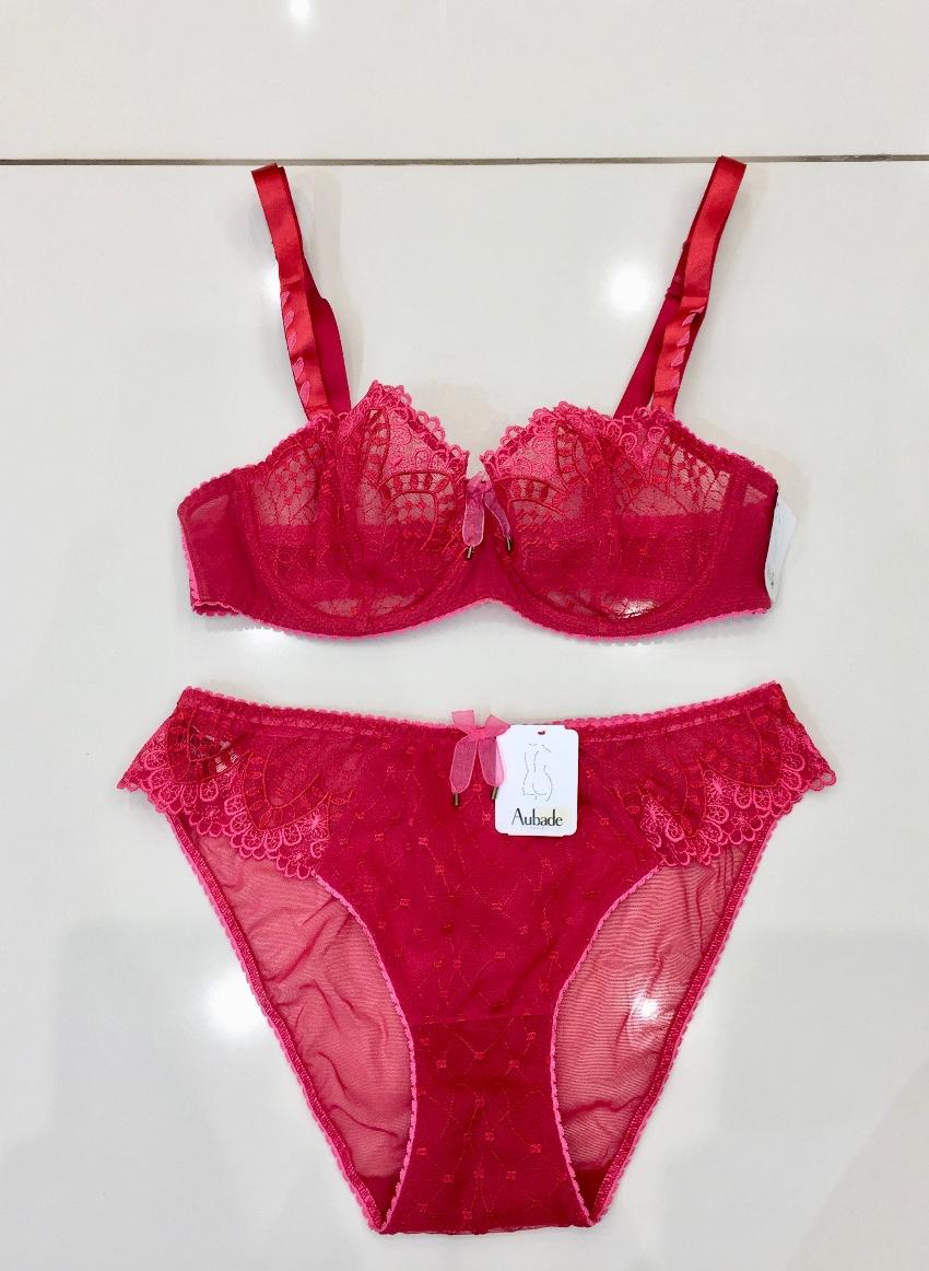 Aubade Paris Embroidered Rose Red & Fuchsia Pink Bra & Brief Set