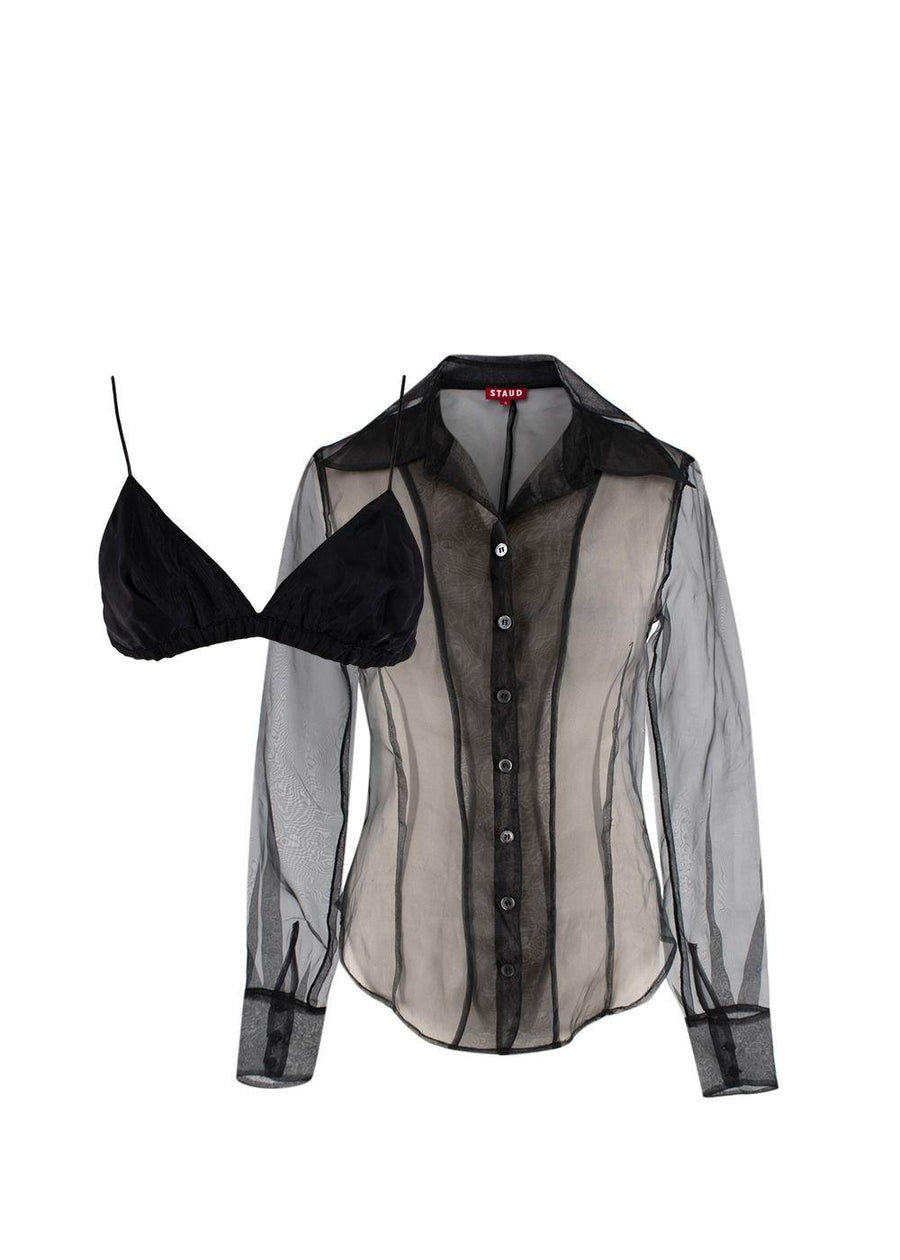 Staud Black Sheer Organza Hendrix Shirt and Bralette