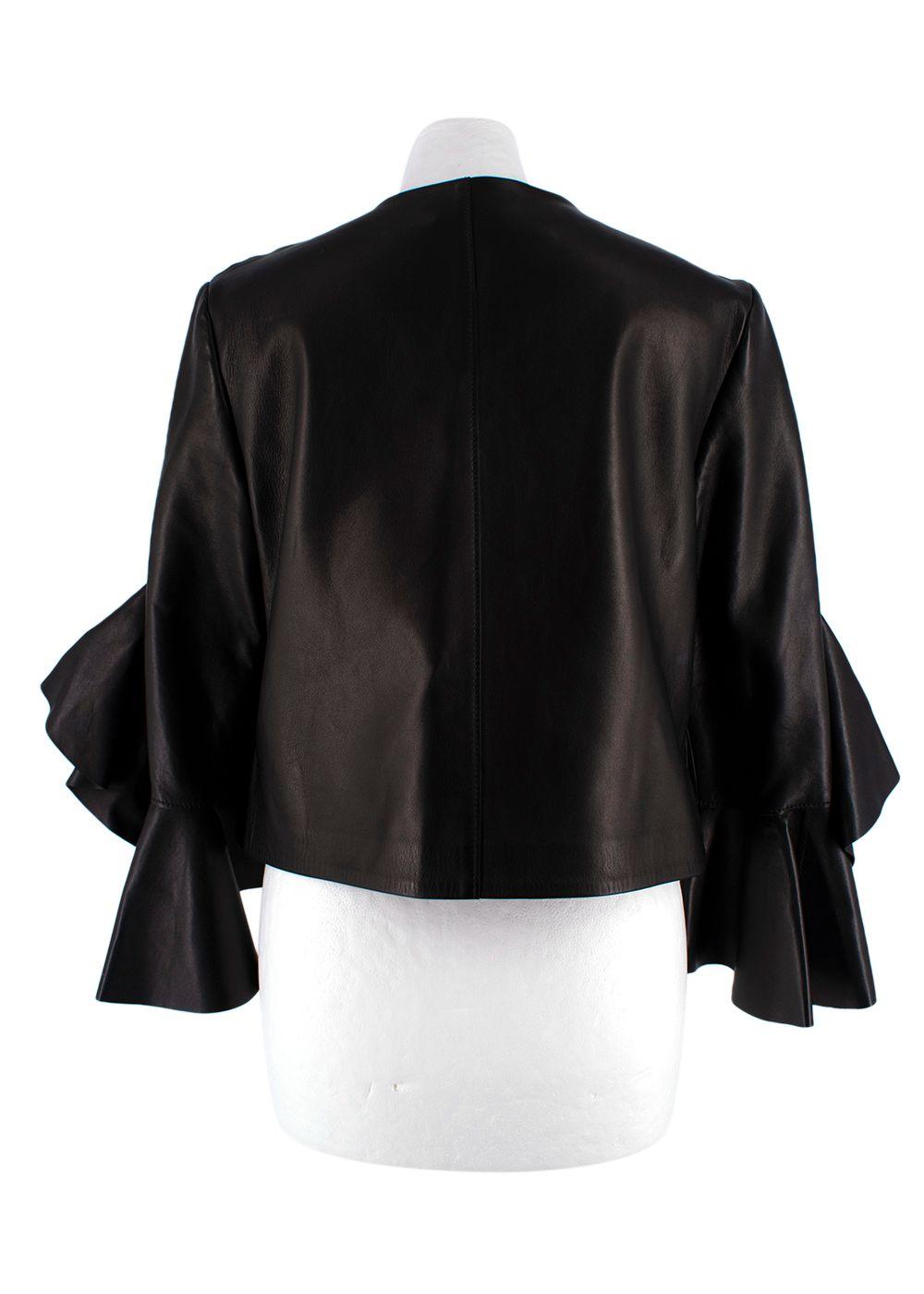 Alexander McQueen Black Leather Ruffled Sleeve Jacket