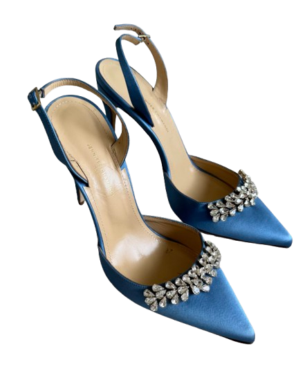 Jennifer Chamandi Embellished Light Blue Satin Slingback Sandals