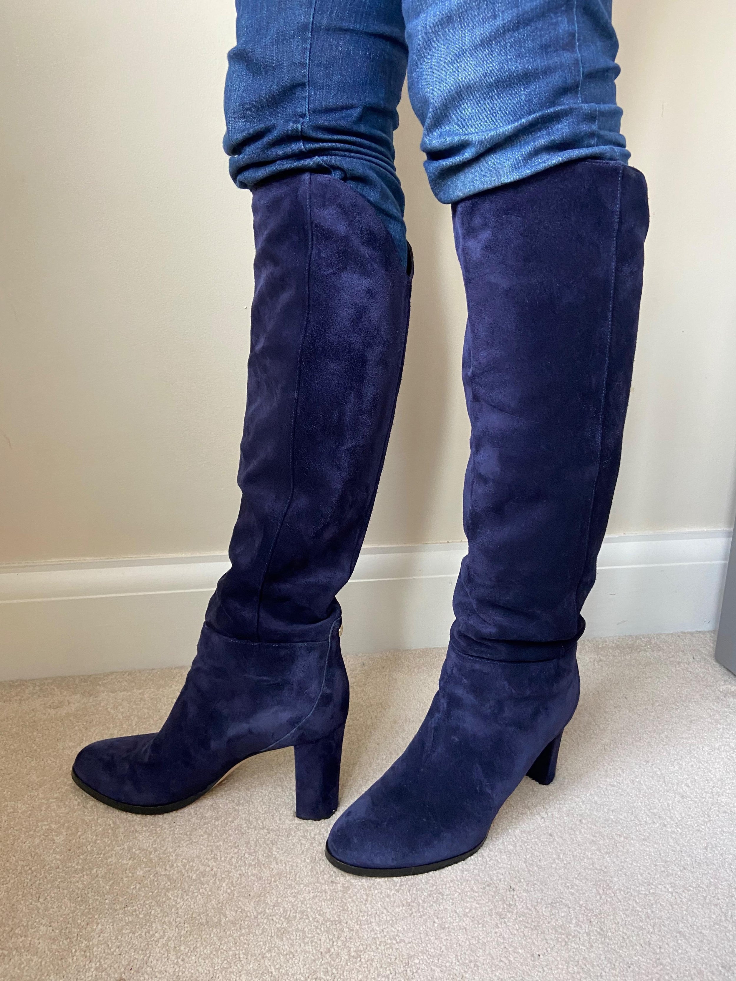 Navy Blue Suede Madalie Long Heeled Boots