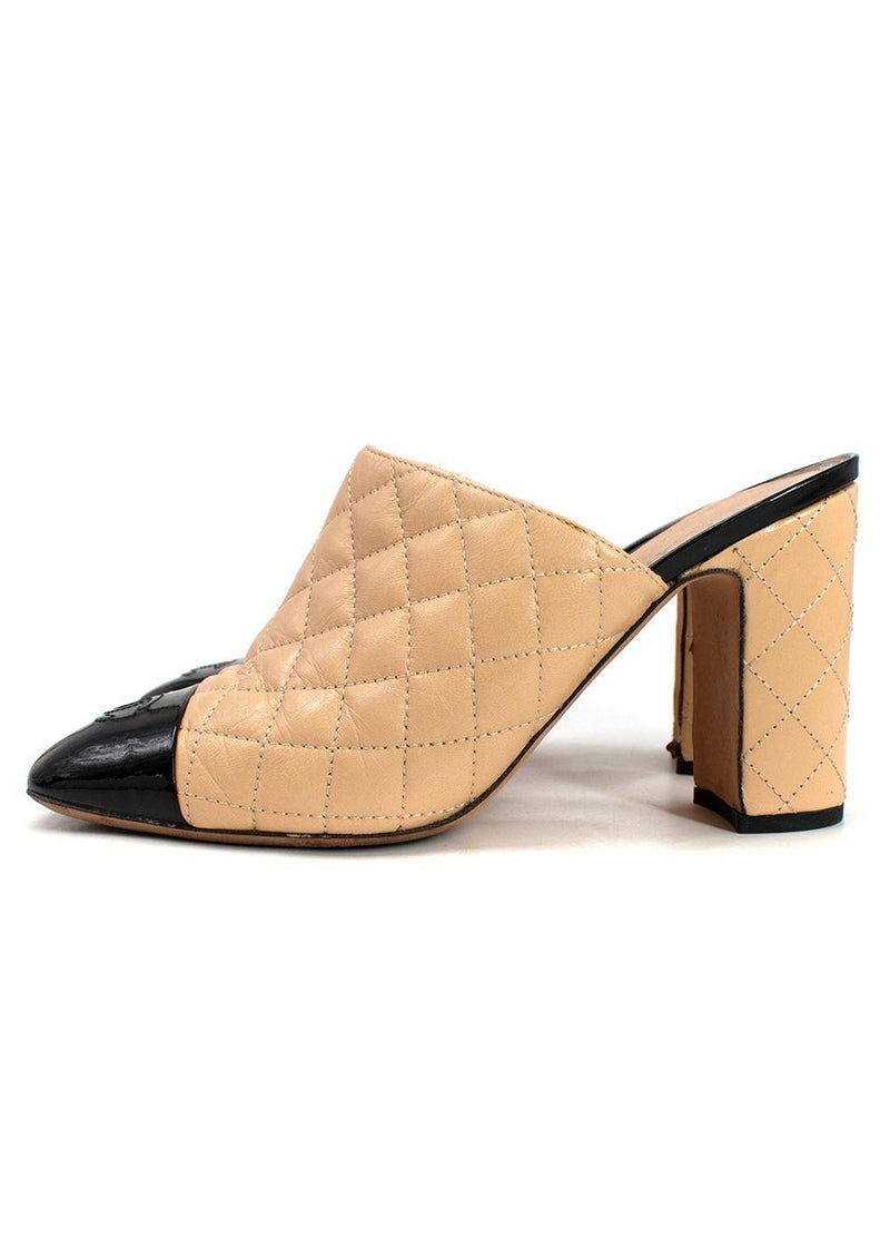 Chanel Beige Quilted Black Patent Cap-toe Mules