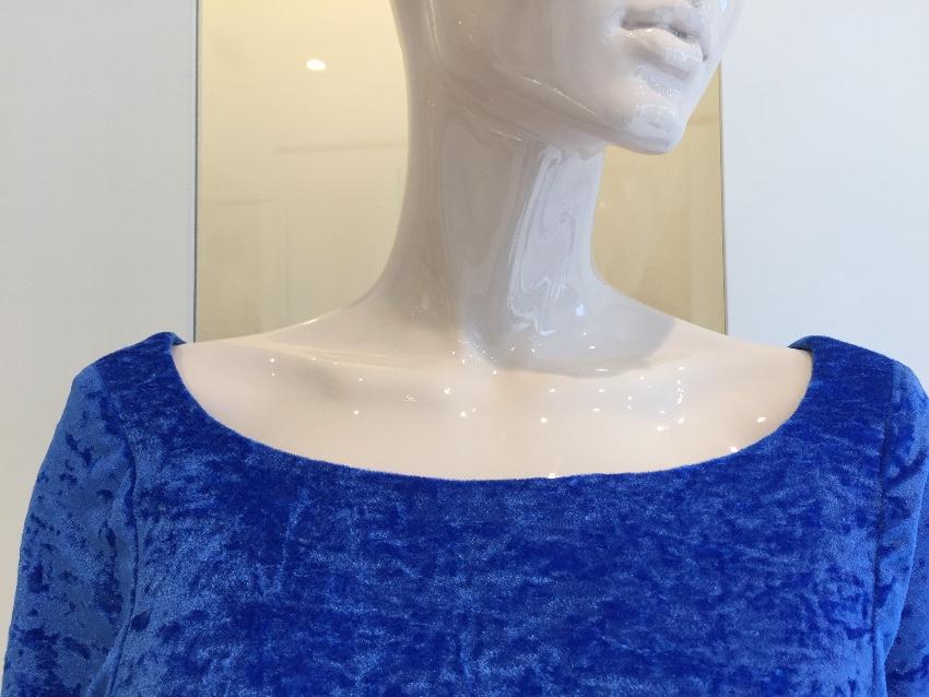 French Couture Electric Blue Panne Velvet V Back Dress