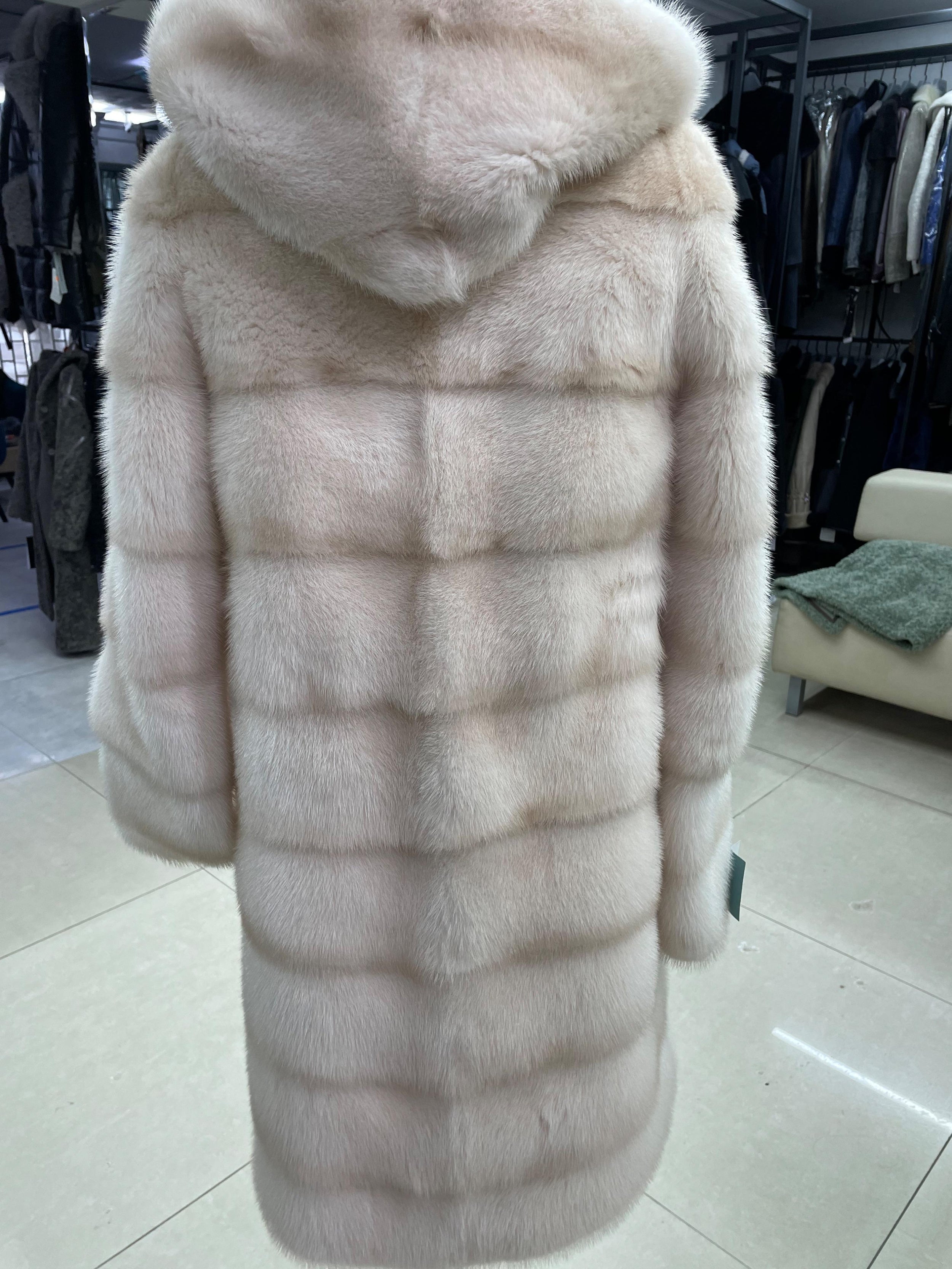 Beige Mink Fur Hooded Coat