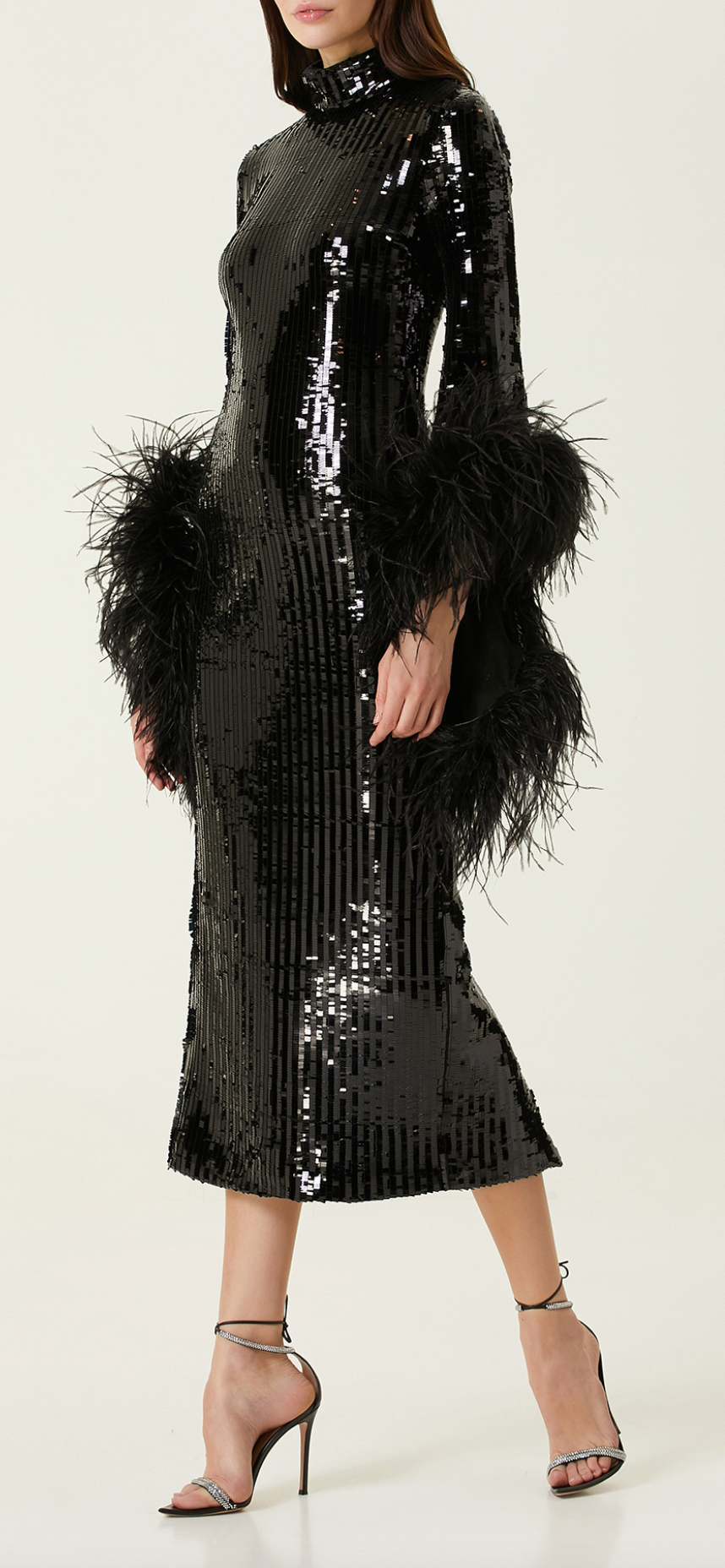 Taller Marmo Black Sequin Gown with Feather Trim