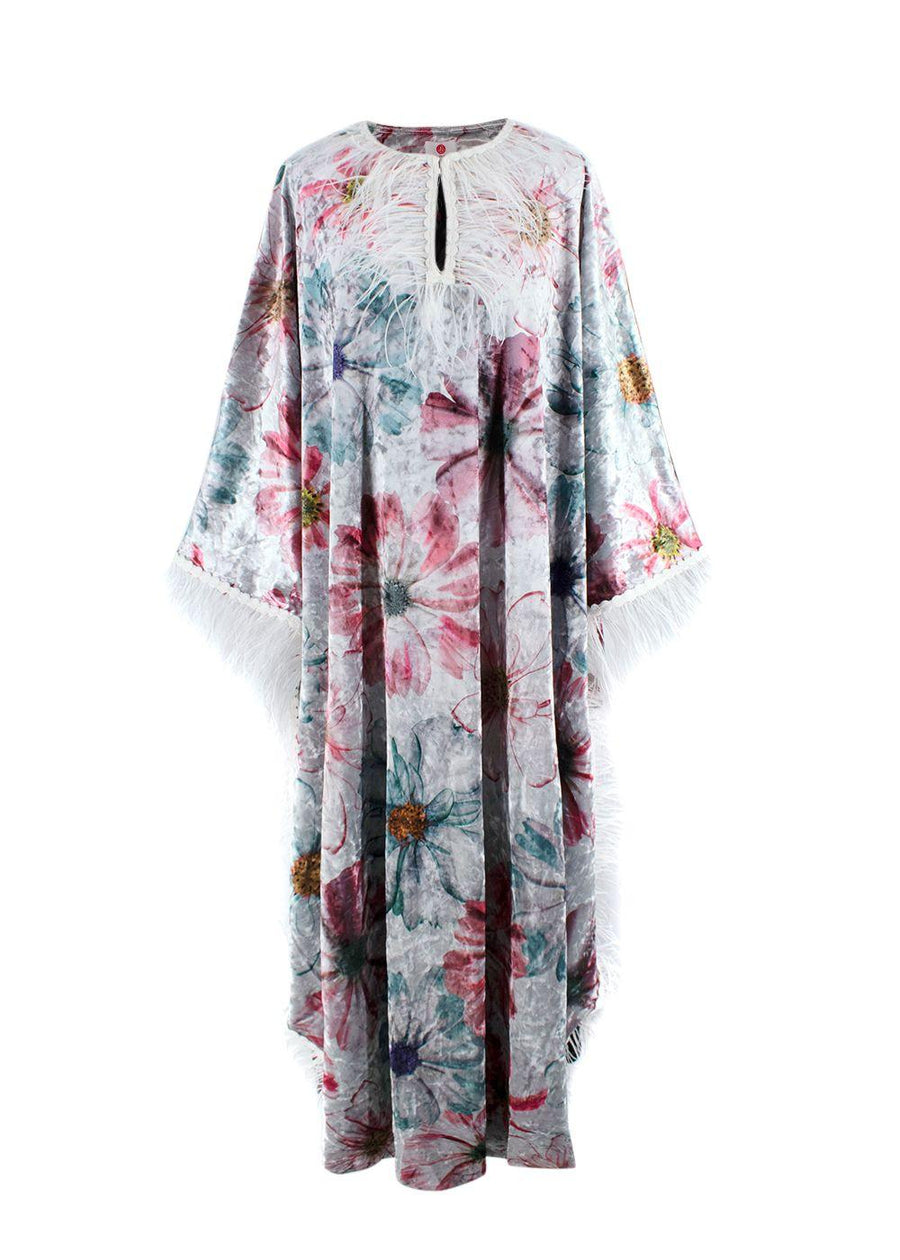 Elegant Embroidery Floral Crushed Velvet Kaftan with Feather Trim