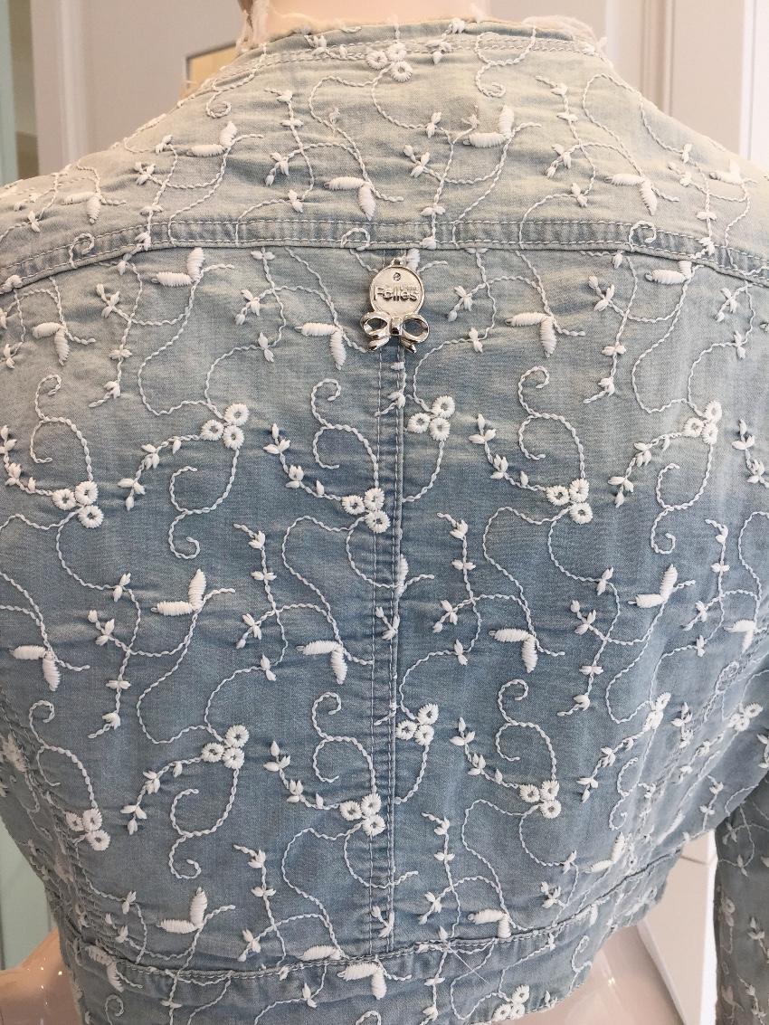 Blumarine Filigree Embroidered Pale Blue Cropped Jacket