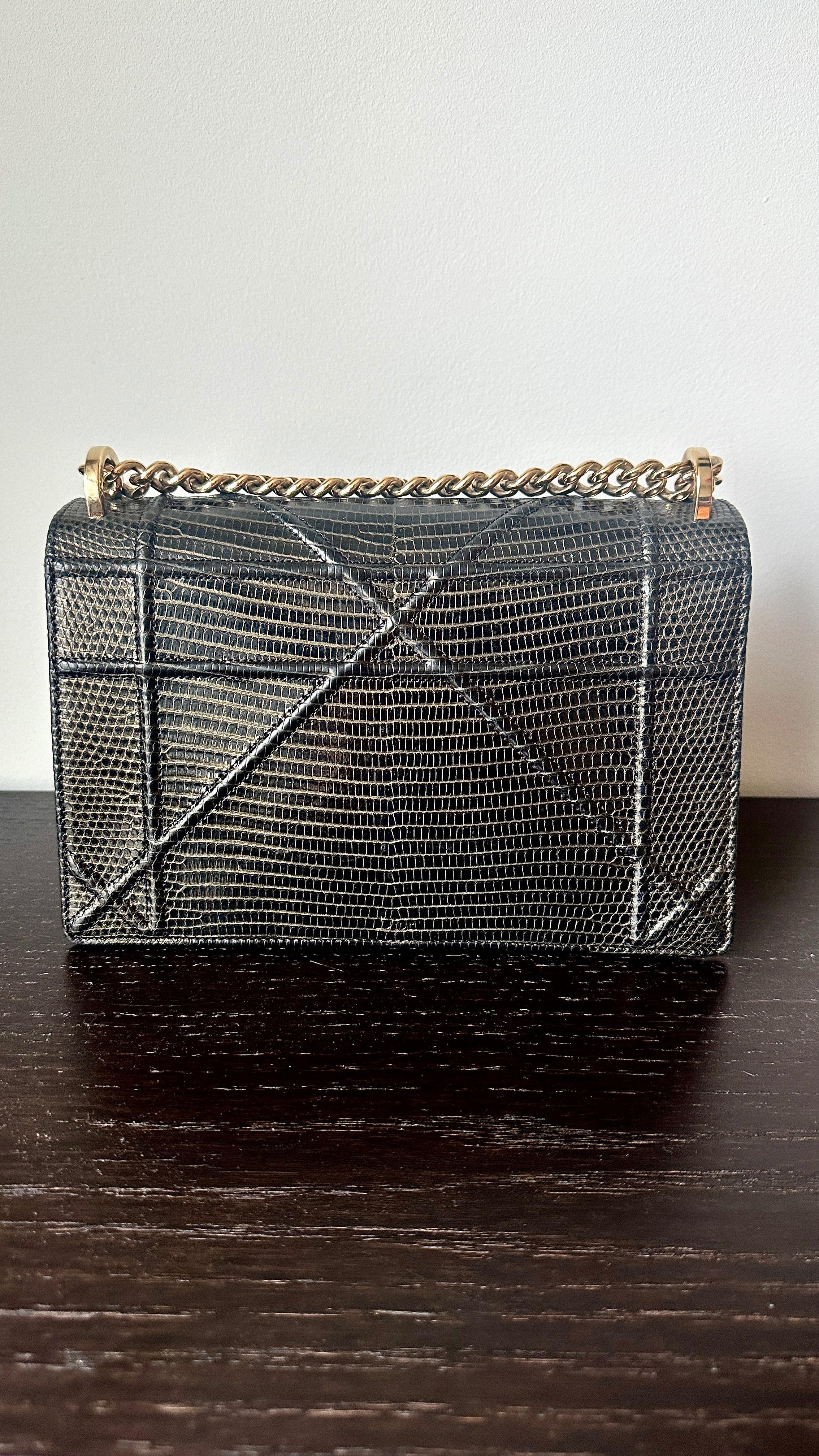 Dior Black and Gold Lizard Medium Diorama Flap Bag