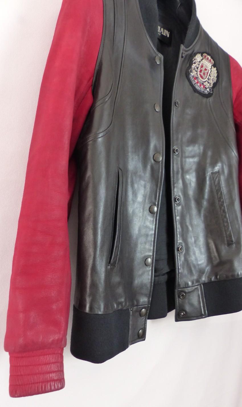 Balmain Black & Red Patch Applique Leather Jacket
