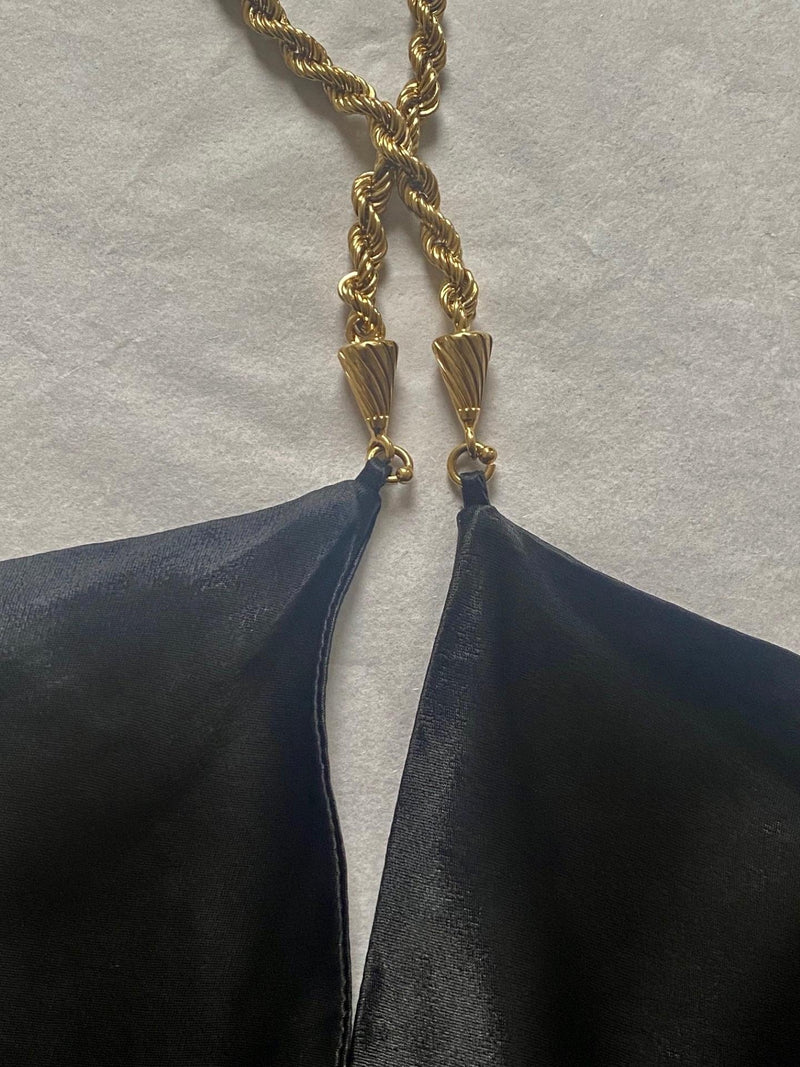 Ferragamo Black Twisted-Strap Satin Top.