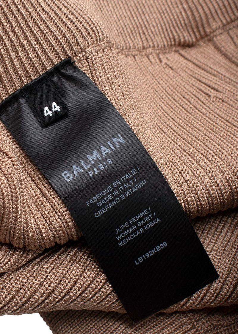 Balmain Camel Ribbed Knit Mini Skirt with Gold Button Detail