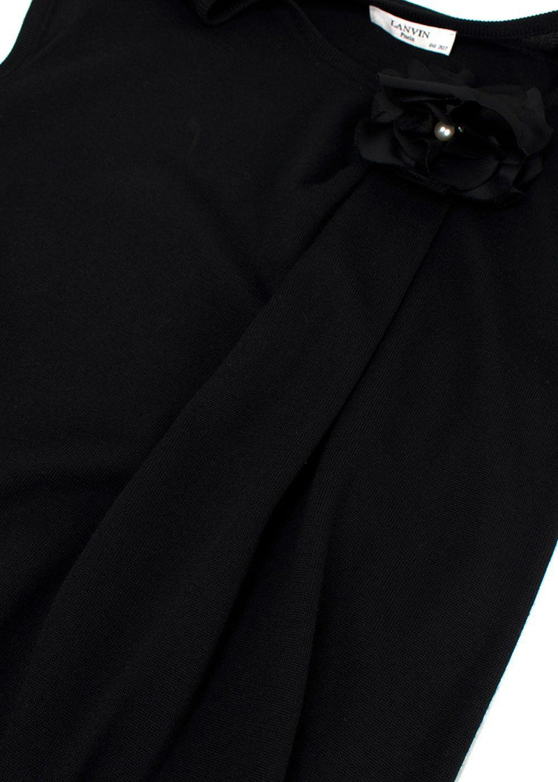 Lanvin Black Wool Knit Midi Dress with Floral Applique Detail