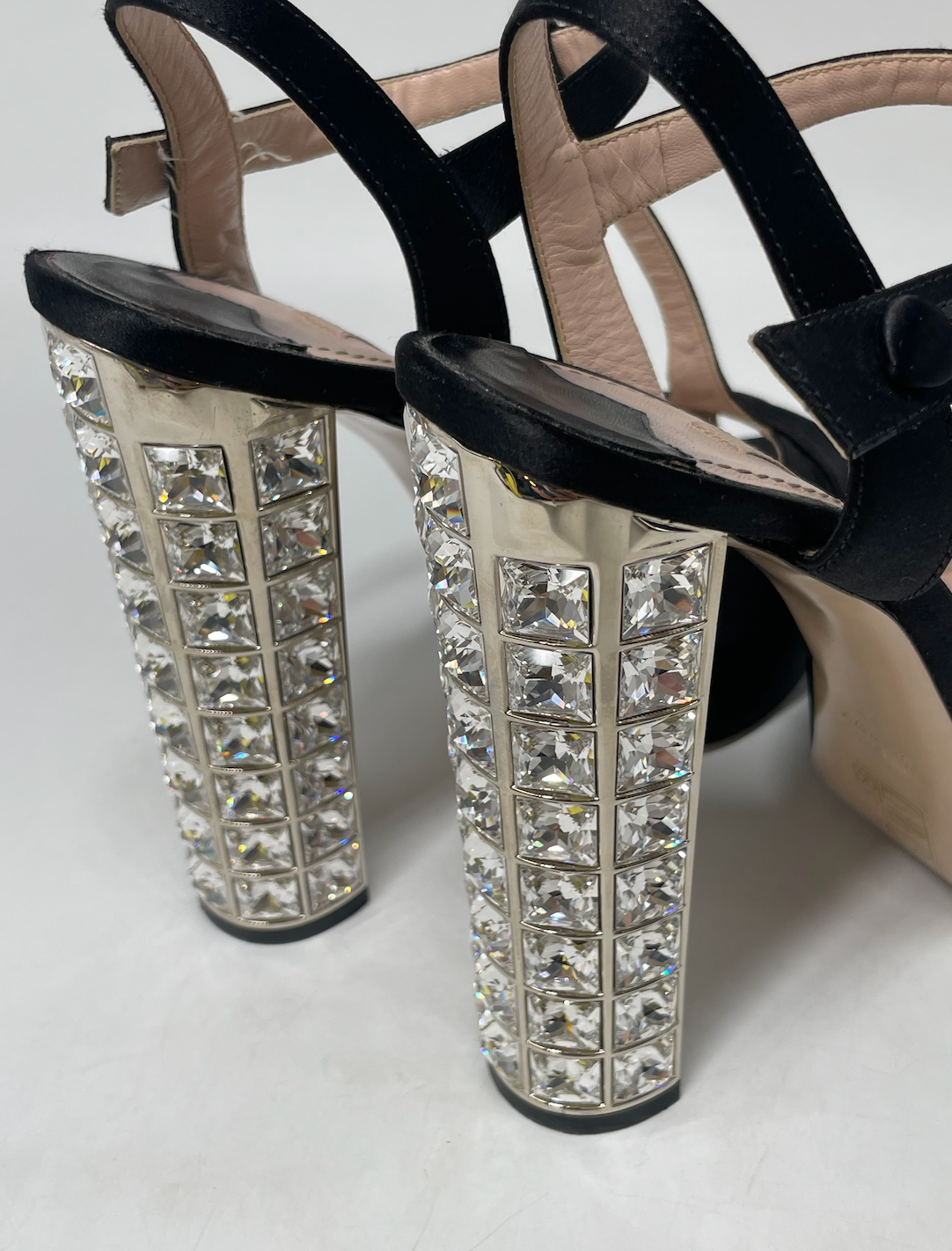 Miu Miu Crystal Embellished Heeled Satin Sandals